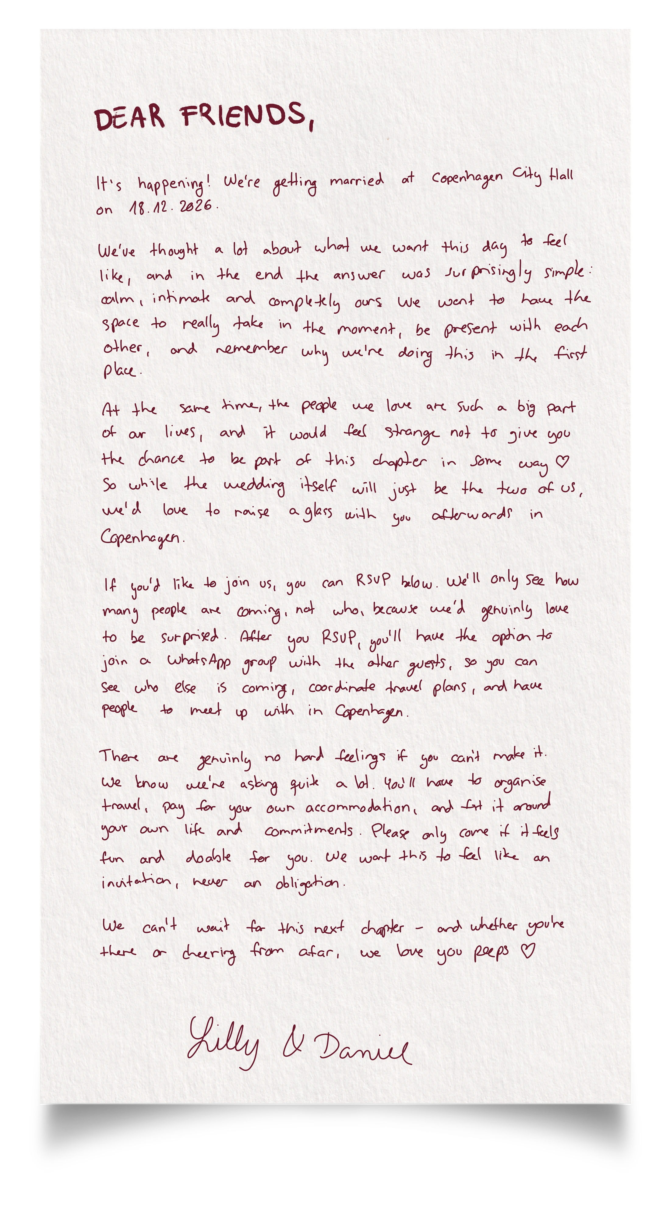 A handwritten letter to our friends, signed Lilly and Daniel. Select to read the letter.